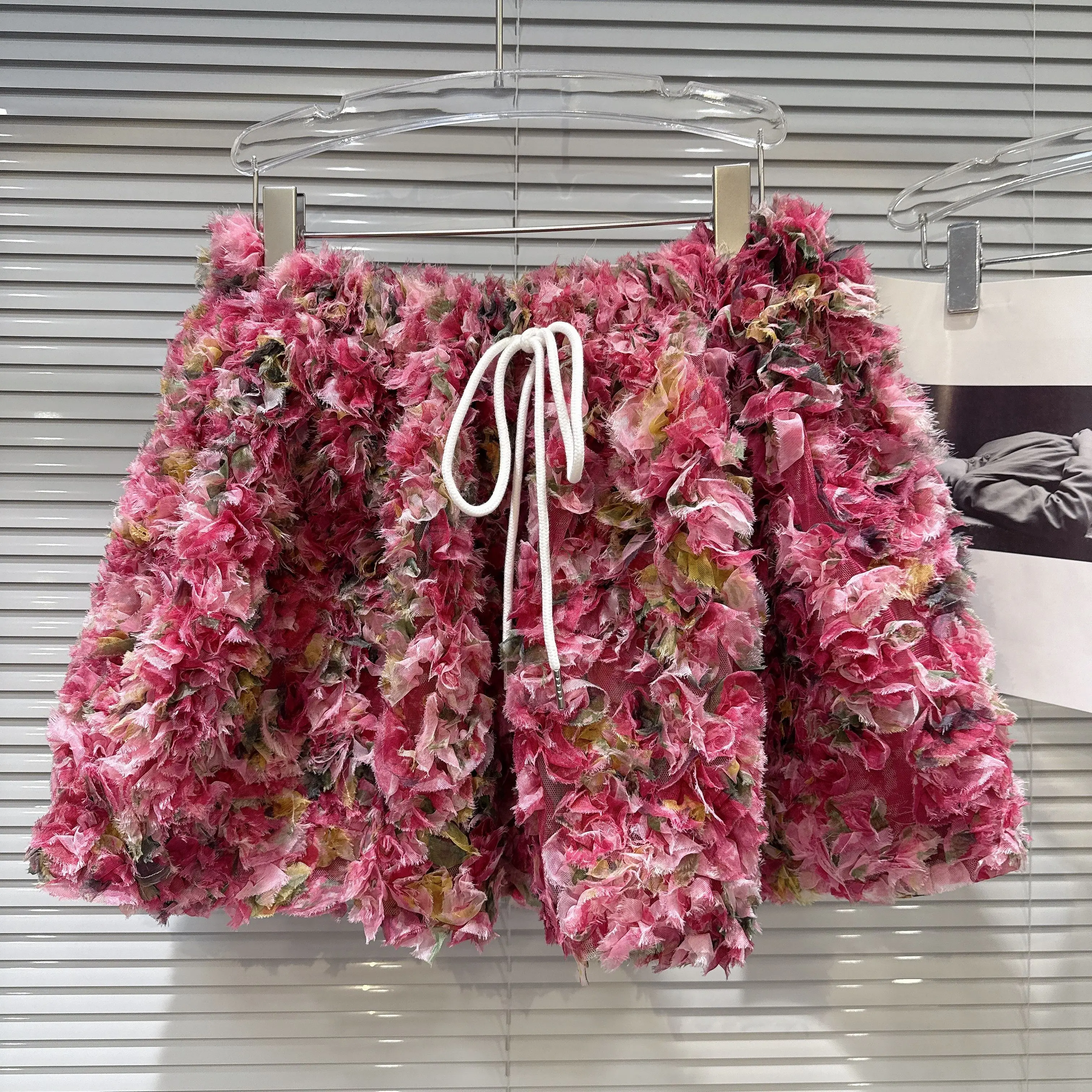 

2025 Summer New Arrival Women's Edgy and Sweet Tie-Dye Chiffon Flower Drawstring and Strap Bubble Mini Skirt