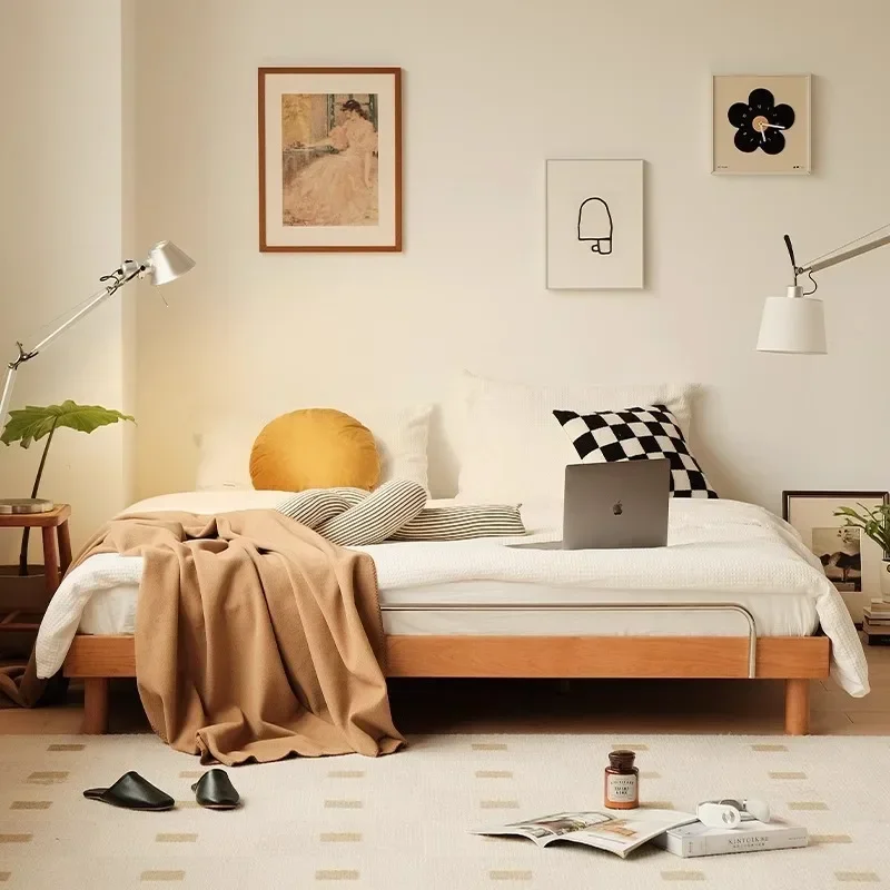 سرير تاتامي من الخشب الصلب الياباني أثاث من خشب الكرز المزدوج بإطار 1.5 متر بدون بجانب السرير