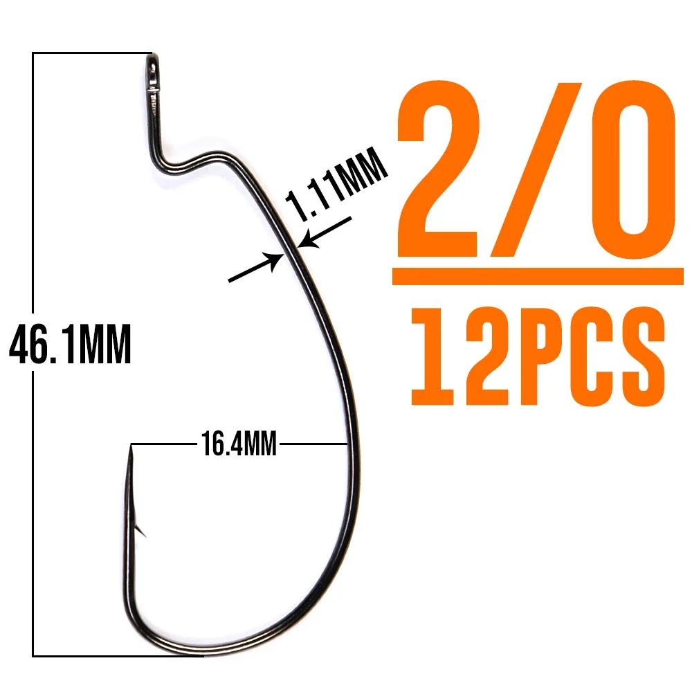 B&U Thin Wire Offset EWG Worm Hook mit großen Ringen, Kurbelhaken aus Kohlenstoffstahl, Angelzubehör für Soft Lure Tackle, 12 Stück