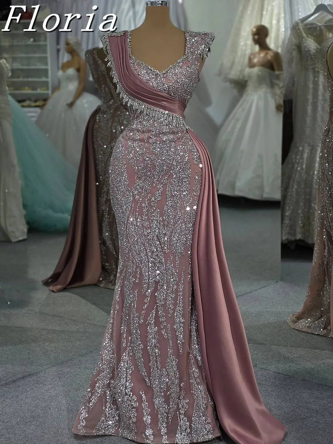 

Customized Exquisite Pink Evening Dress With Satin Overskirt Square Collar Long Prom Dresses Saudi Arabia Robe