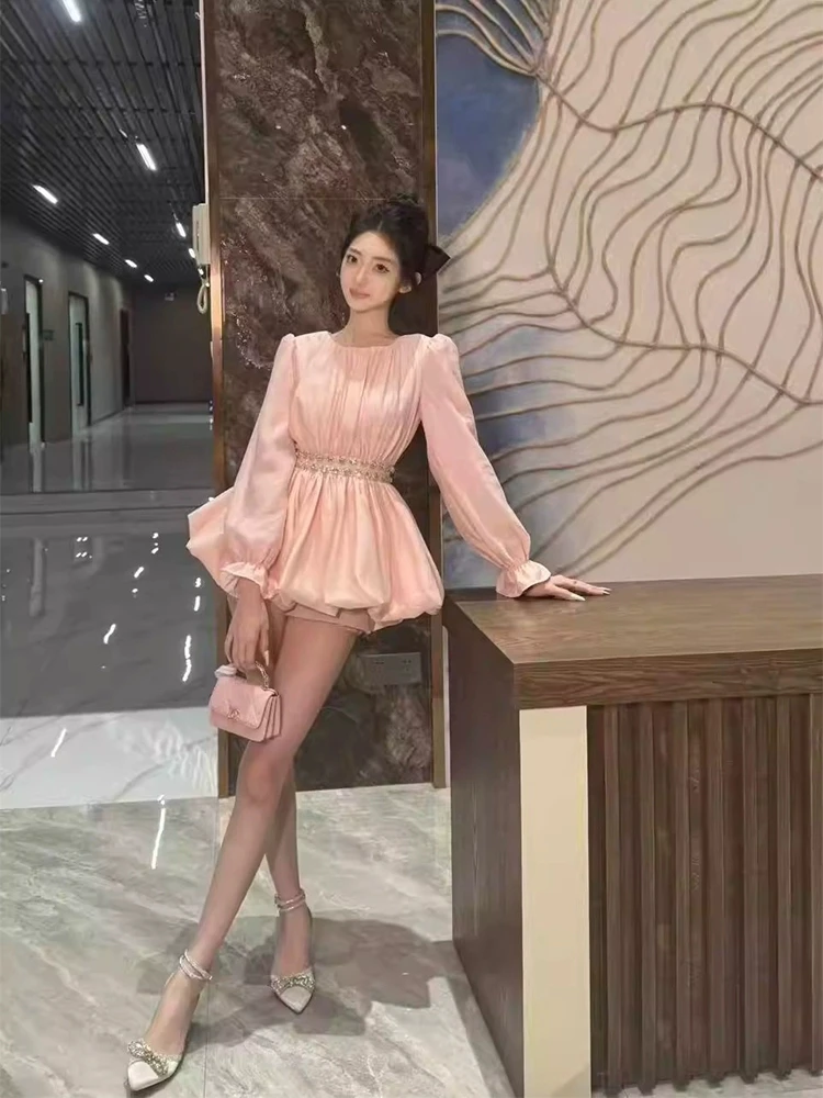 

XZY Sweet Princ Sle Fro Heavy Embellied Pink Diamond Women's Winter short skirt round Ne High Waist Dr