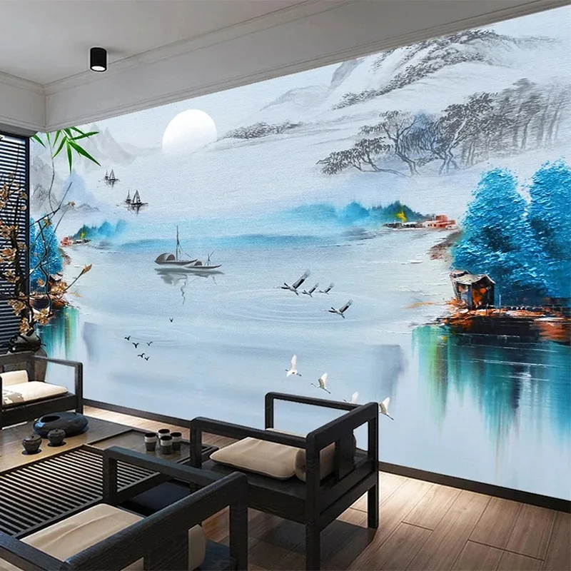 Custom Photo 3d Wallpaper Chinese Style Creative Ink Landscape Bird Blue Abstract Background Home Decorative Painting 3D Murals