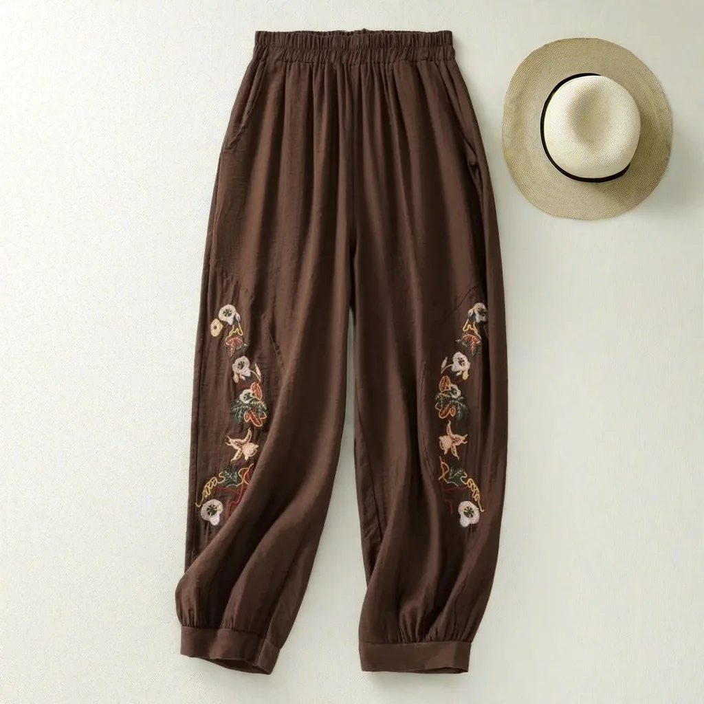 Bombachos bordados de café para mujer, pantalones sueltos de cintura alta, elásticos, sólidos, informales, hasta el tobillo, ropa de moda