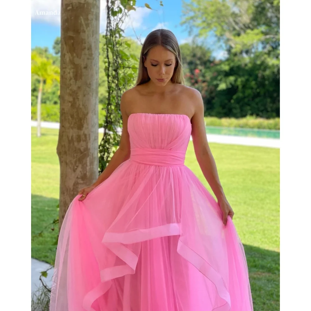 

Amanda Customized Ball Gown Pleats Prom Dresses Strapless Floor-Length vestidos de noche Pink Mesh Fabric A-line Formal Evening