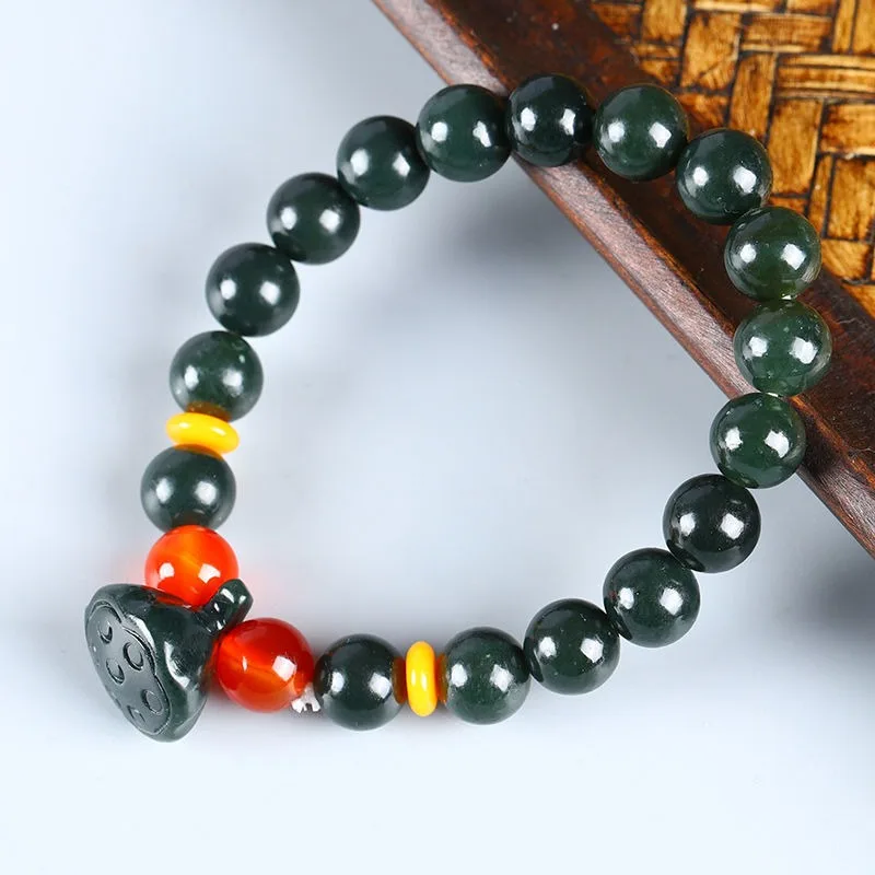 

Hetian Sapphire Lotus Pod Bracelet Women's Exquisite Fashion Round Bead Jade Bracelet.