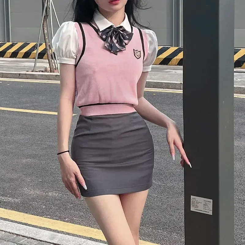 2023 korean japan british style uniform female summer jk uniform girls slim shirt waistcoat wrap hip skirt three-piece set g870