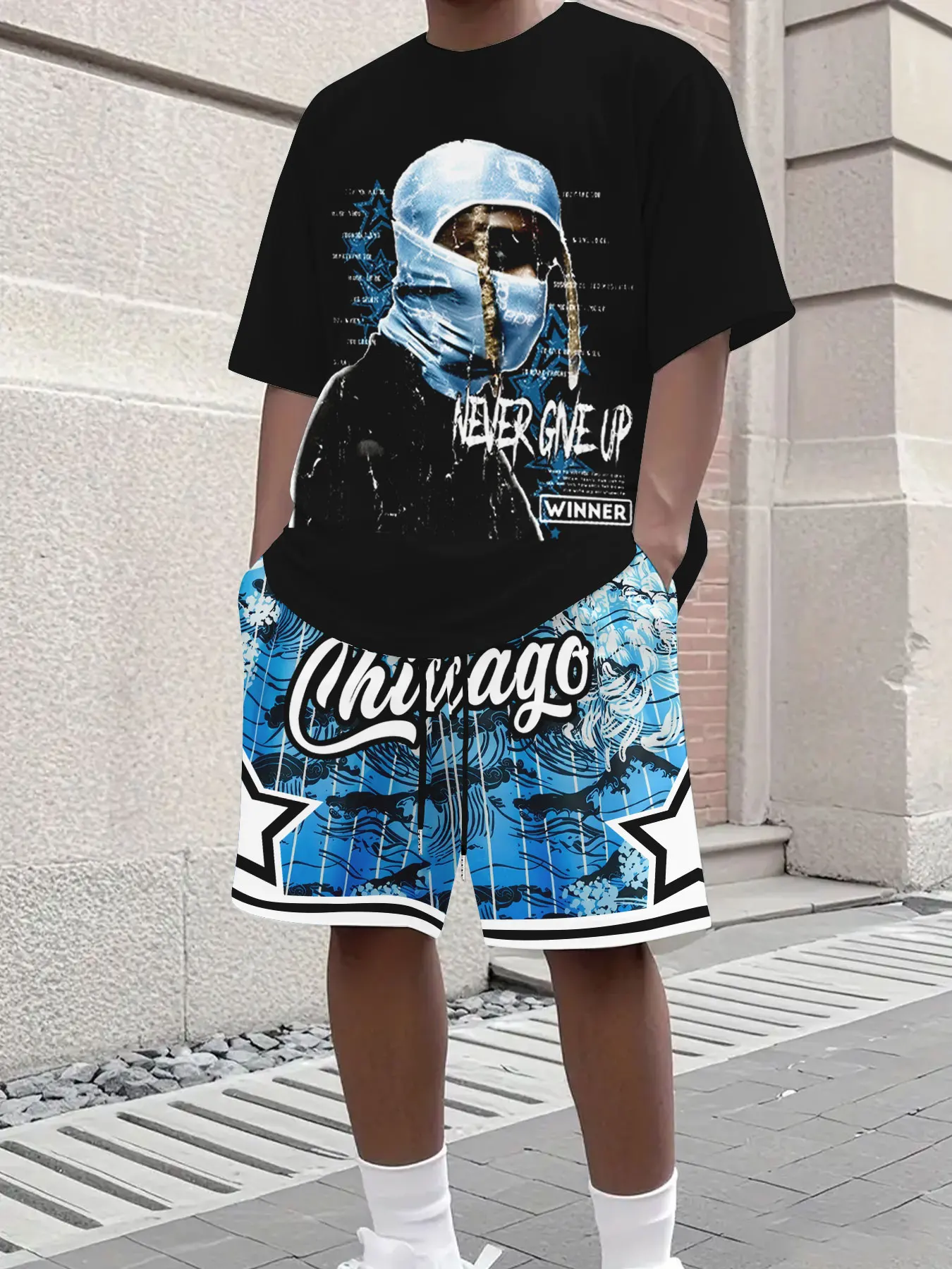 

*Mens Cyber Graphic Tee with Reflective Graffiti Trimming Athletic Shorts Outfit