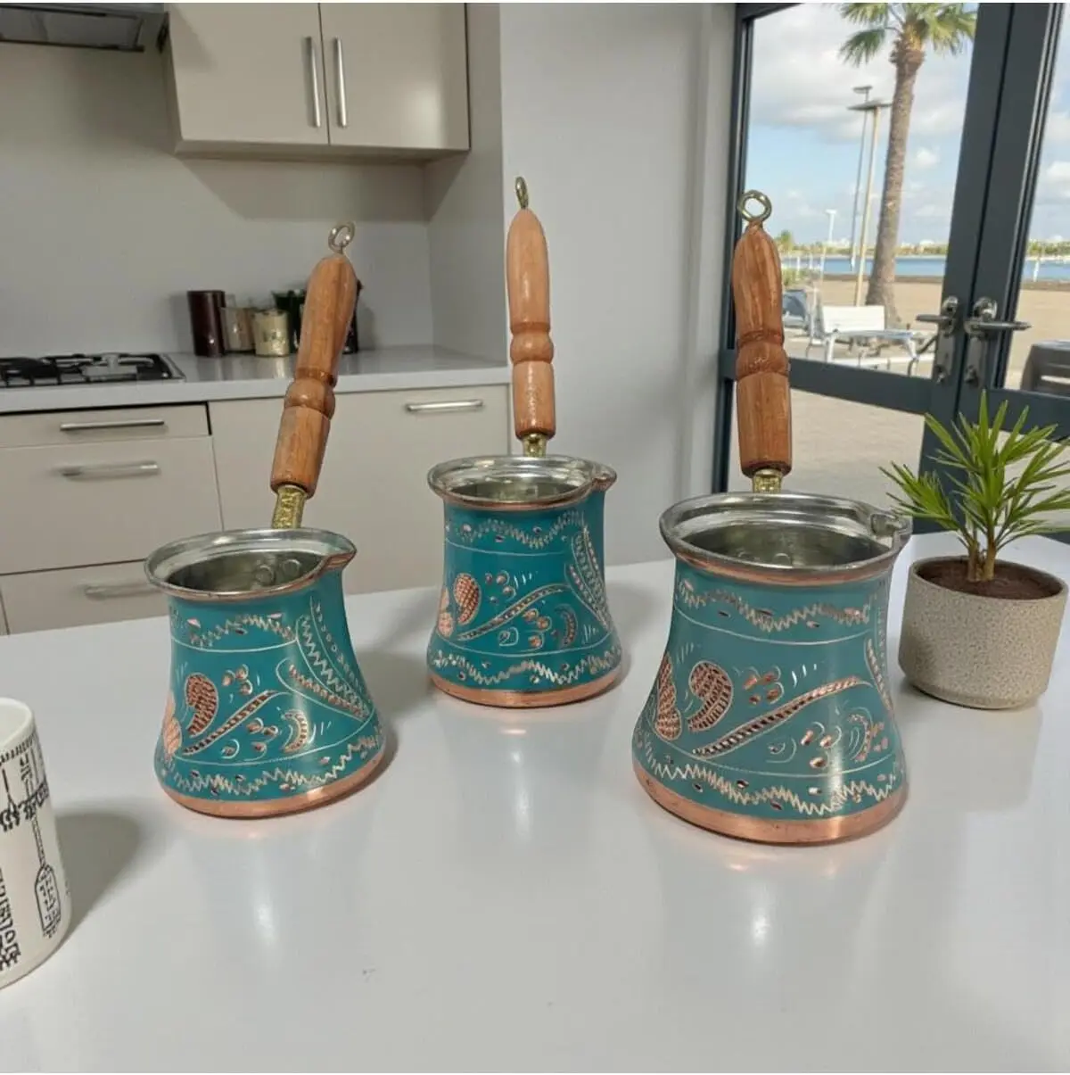 Copper Enamel Art 3-Piece Turkish Coffee Pot Set - Handmade Cezve with Wooden Handle, Traditional Design for 3, 5, 6 Cups, Turqu