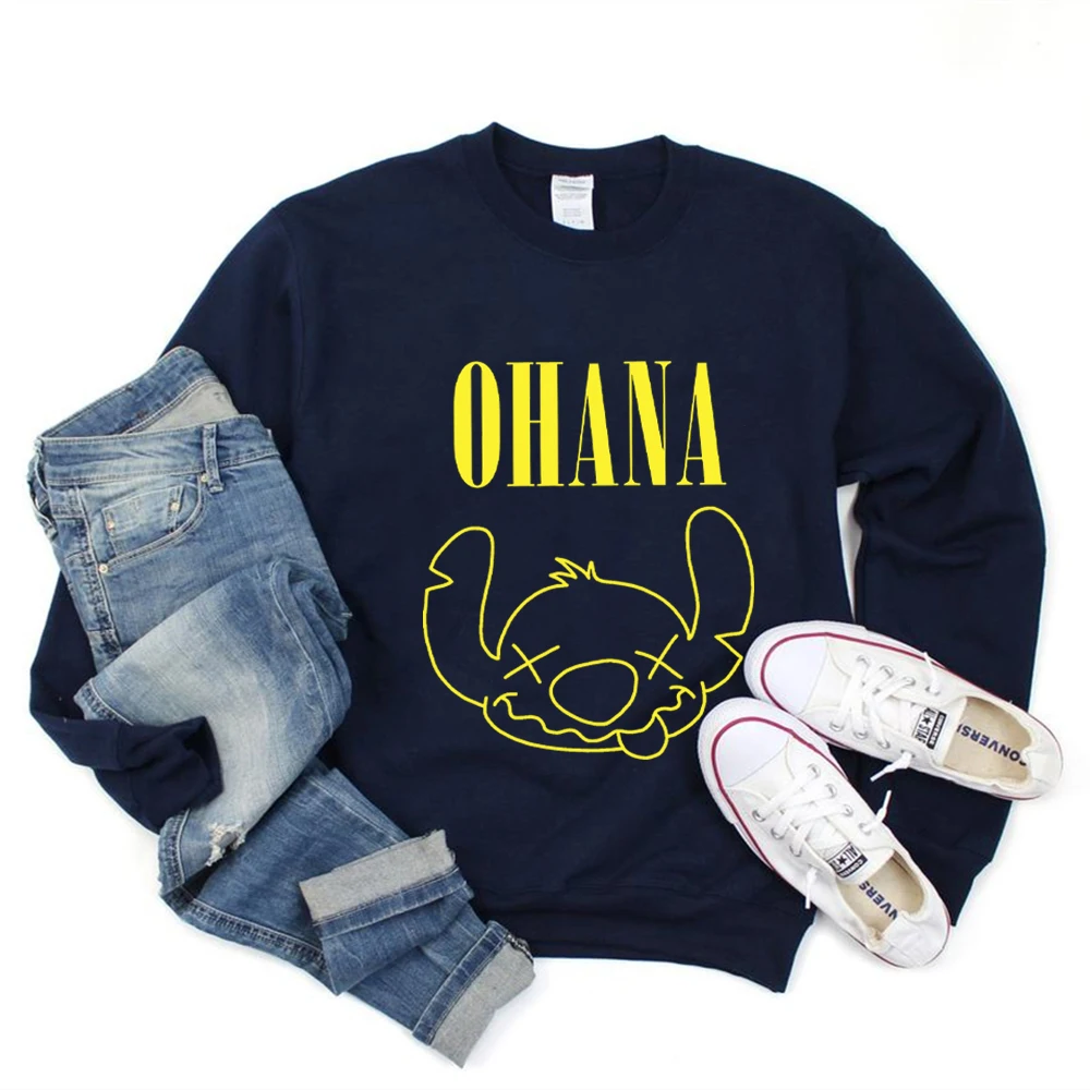 2025 Ohana moletom inspirado no filme Lilo moletom com capuz engraçado desenho animado camisa gráfica na moda Ohana significa família moletom com gola redonda