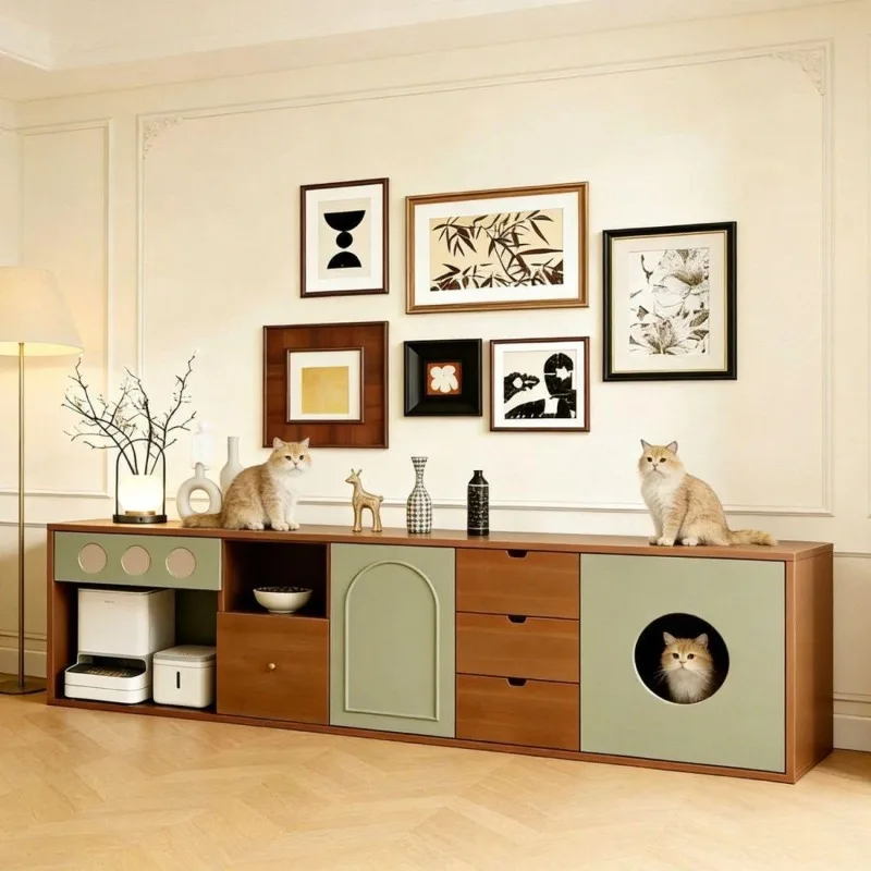 Pet solid wood TV cabinet cat nest integrated log cream wind cat TV cabinet medieval living room home floor