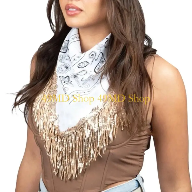 49MD Photo Styling Bandana Scarf Square Fringe Neck Scarf with Gold Trim for Festival Party and Costume Outfit Wear