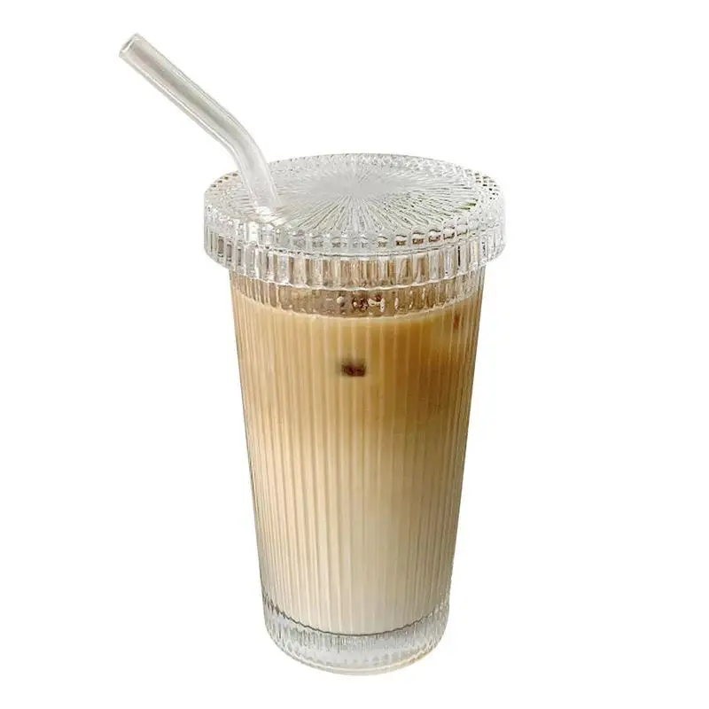 Ribbed Drinking Glasses Iced Coffee Glasses With Lids And Straws 375ml Portable Iced Coffee Glass Coffee Bar Accessories For