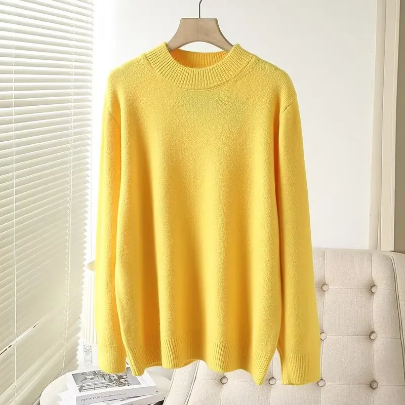 Maxdutti French Fashion Sweaters Elegant Yellow Color Round Neck Wool Sweaters Women Winter Pullovers Tops