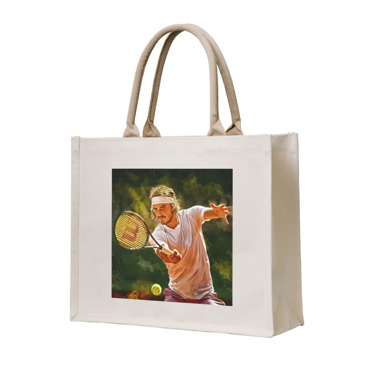 

Stefanos Tsitsipas forehand RG French Open 2021. Digital artwork print poster. Tennis fan art gift. Tote Bag Women's beach bags