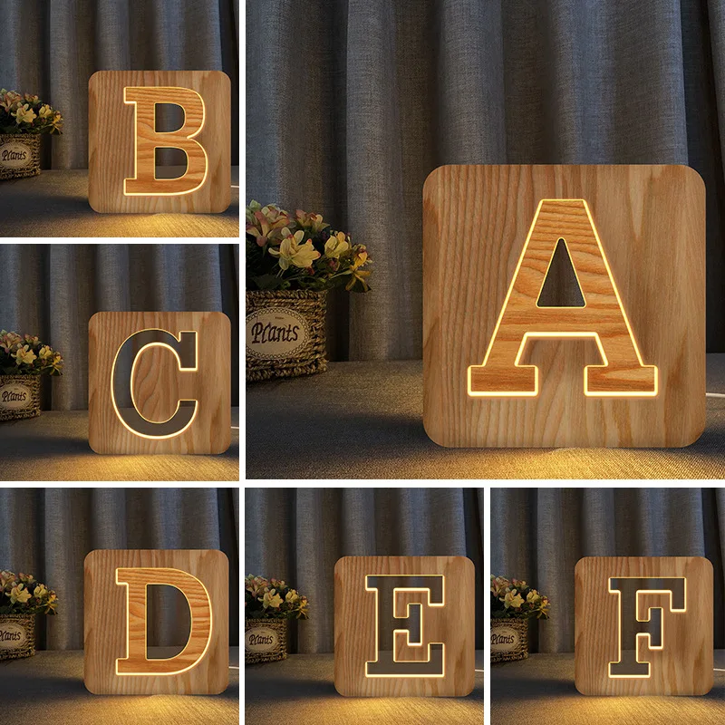 26 Letters A To Z USB Wood Led Night Light Novelty Kid Bedroom Wooded Hollow Carved Bedroom 3D Decoration Table Lamp Child Gift