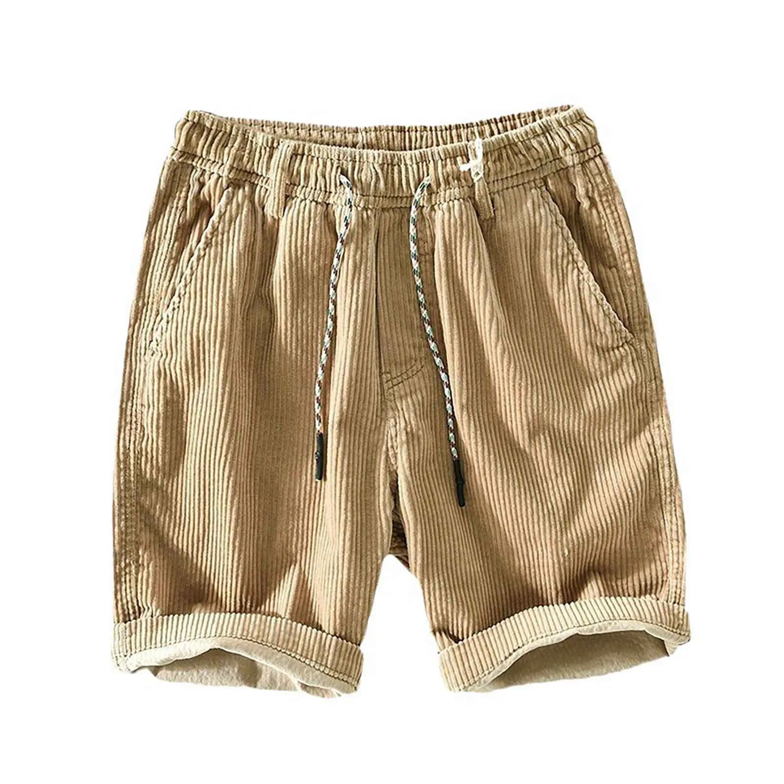 Corduroy White Shorts Men\'s Summer Solid Color Straight Drawstring Shorts High Quality Athletic Training Pants Beachwear Shorts