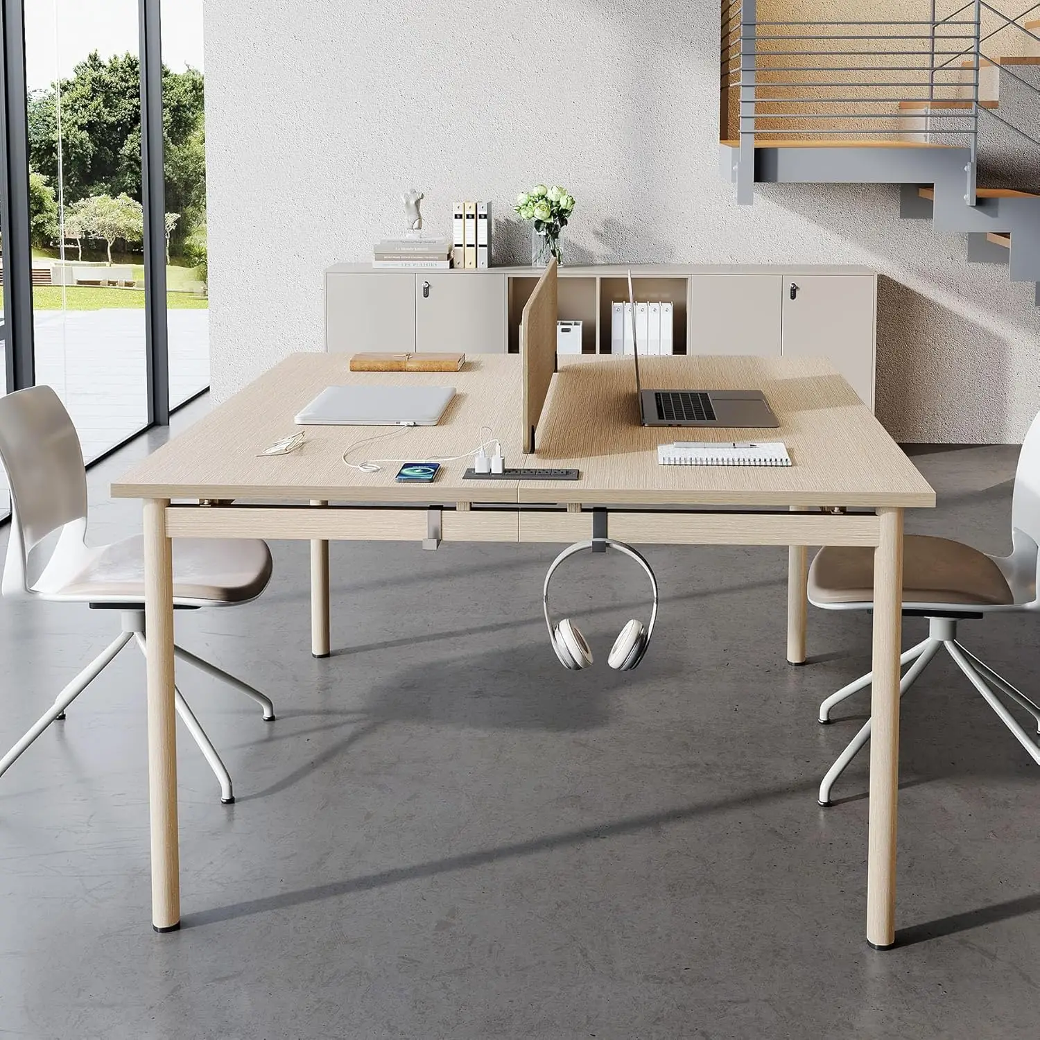 Tribeswords-2 Desk Pessoa com Partição, Modern Square Computer Desk, com Power Outlets e Ganchos, Double Computer Desk, 47 in