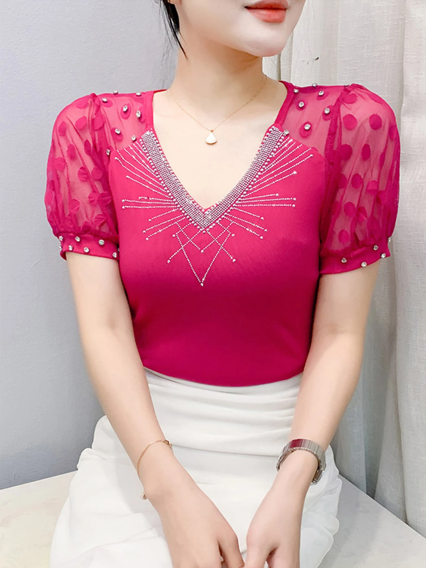 

Women's V-ne T-irt ort Sve Me Bubble Sve Top Faionable Summer Design Sense f Sve Small irt Korean S...