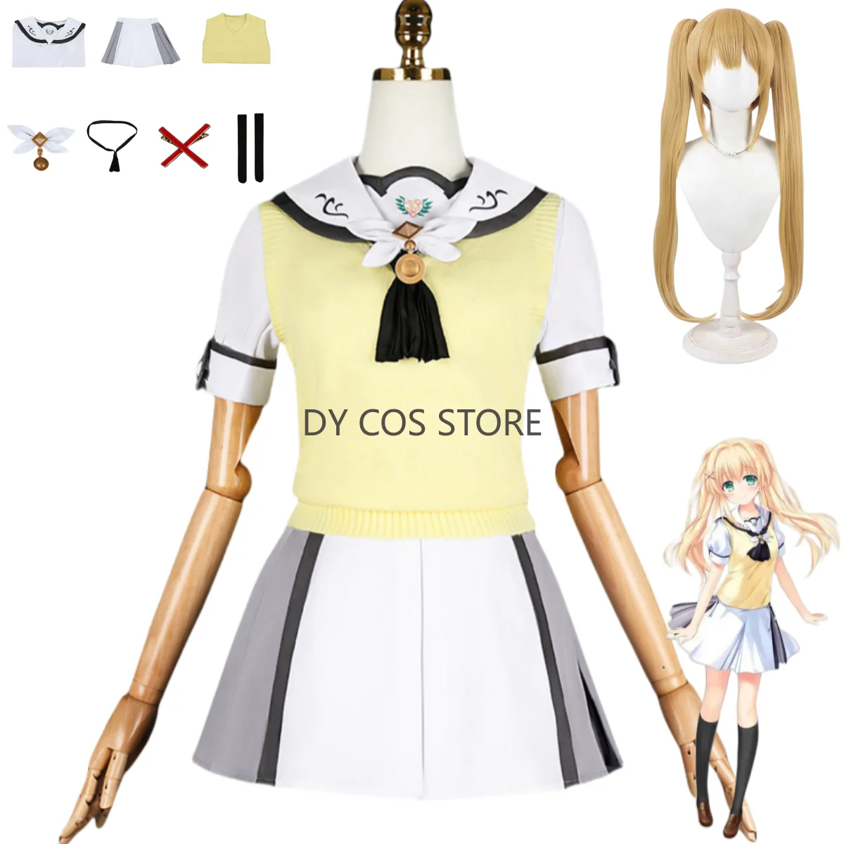 

Game Summer Pockets Tsumugi Wenders Cosplay Costume Japanese JK School Uniform Sweater Vest Wig Woman Sexy Kawaii Daily Suit