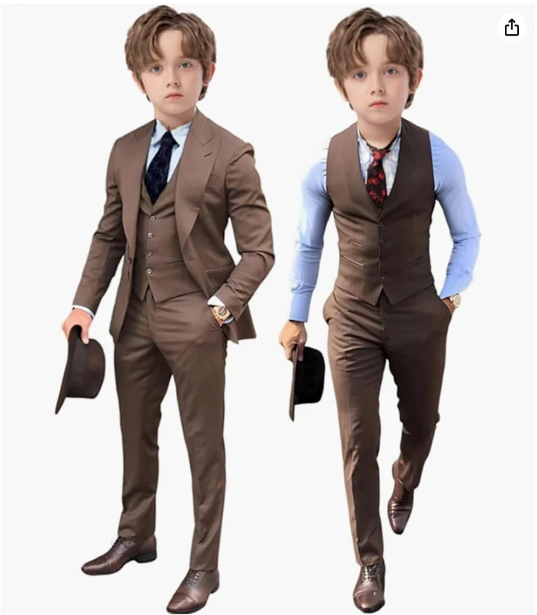 

Brown Boys Suits Jacket Pants Vest 3 Piece Set Formal Wedding Tuxedo Fashion Clothes for Kids Peak Lapel Blazer Child