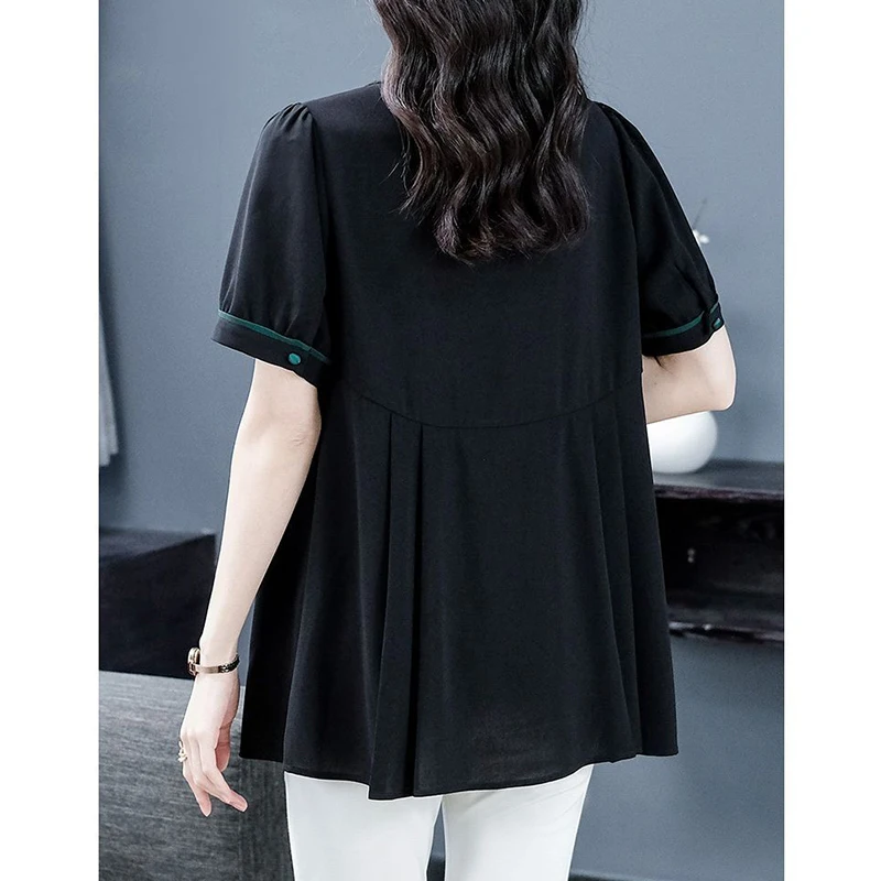 Summer New Oversized Ruffles Spliced Casual Shirt Lady Short Sleeve V-neck Loose All-match Pullover Tops Women\'s Elegant Blouse