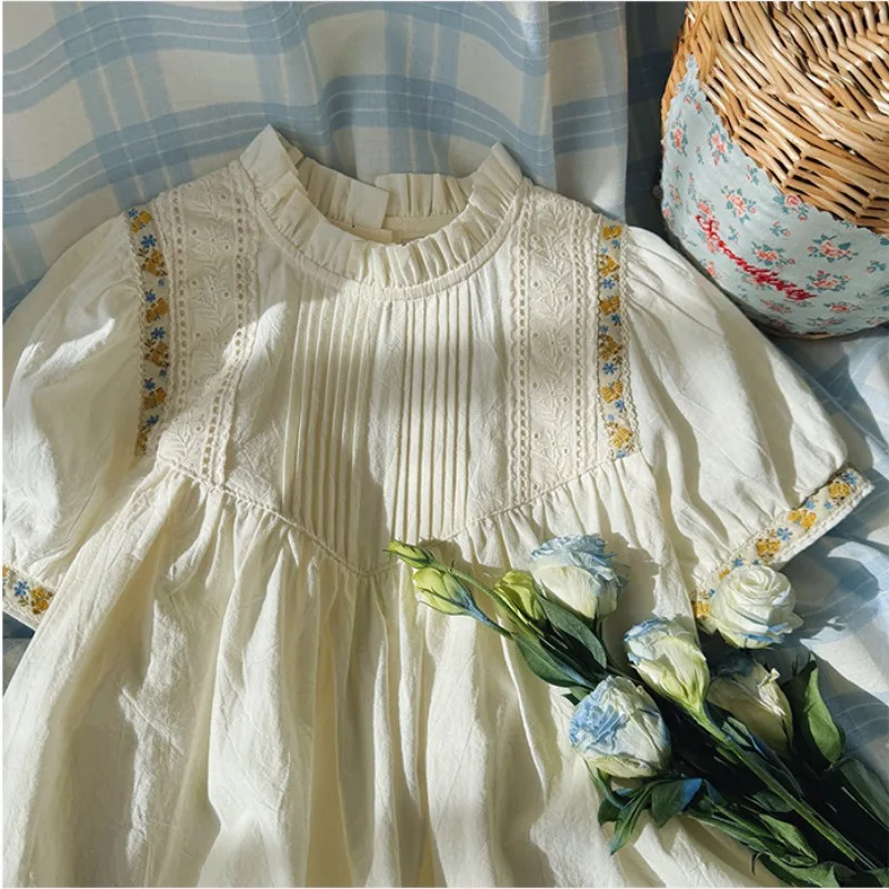 French Style Girl's Dress Standing Collar Lace Pleated Embroidered Dress Summer Short Sleeved Princess Dress