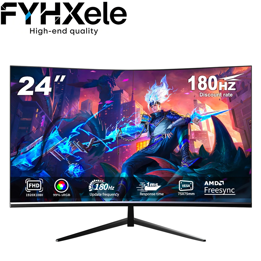 FYHXele Pantallas curvas sin bordes de 24 pulgadas para juegos y oficina FHD 1920*1080P 180hz VA con altavoz VESA Luz azul baja sin parpadeo
