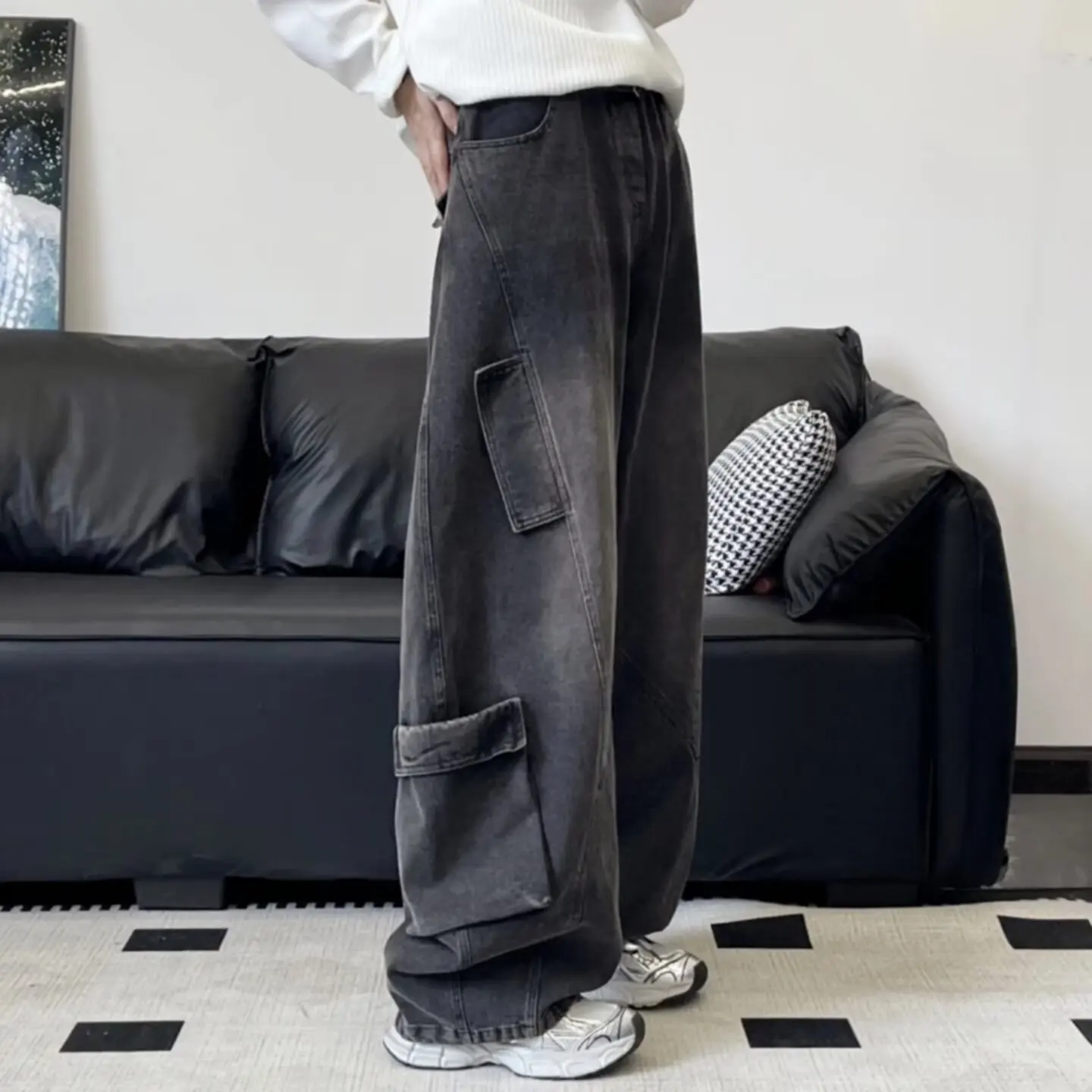 

Модные мужские джинсы в американском стиле, осенне-зимние, больших размеров, с широкими штанинами, длинные брюки, с множеством карманов, свободного кроя, повседневные джинсы