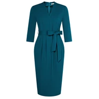 GK-vestido Midi con cuello en V para mujer, 3/4 prenda ajustada con manga, abertura trasera, cintura alta, ceñido con cinturón, elegante, para trabajo de oficina