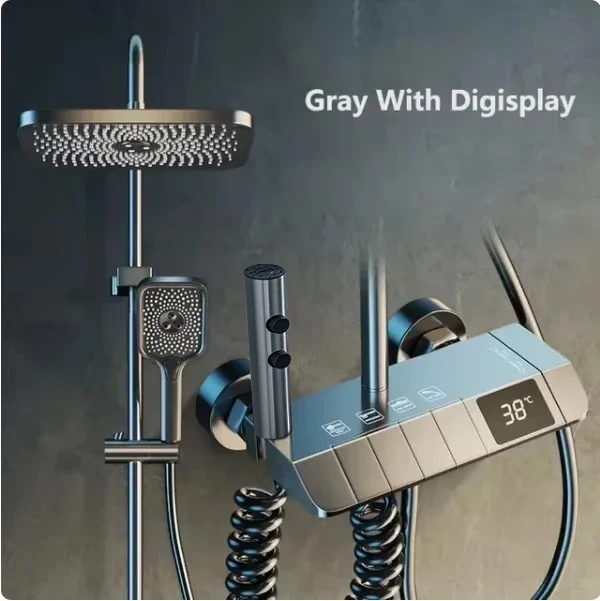 Bathroom Shower Faucet Set 4 Functions Digital Display Shower Thermostat Gray Black High Pressure Discharge Copper Taps