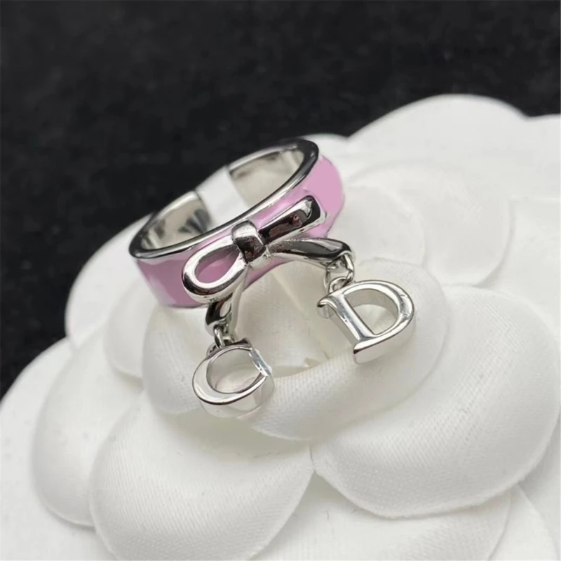 Zircon Bow Letter D Tassels Rings Bowknot Finger Rings for Women Teen Girls Korean Jewelry Adjustable Open Rings