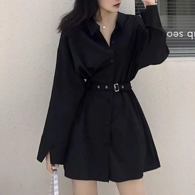 

Elegant Women's Loose Dresses French Hepburn Style Long Sleeved Shirt Black Dress Women's