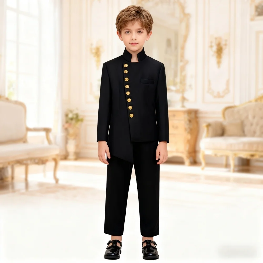 

Stylish Black Kids Formal Suit Set Autumn New Arrival 2-Piece Jacket Pants Outfit Trendy Boys Tuxedo For Wedding Graduation Suit