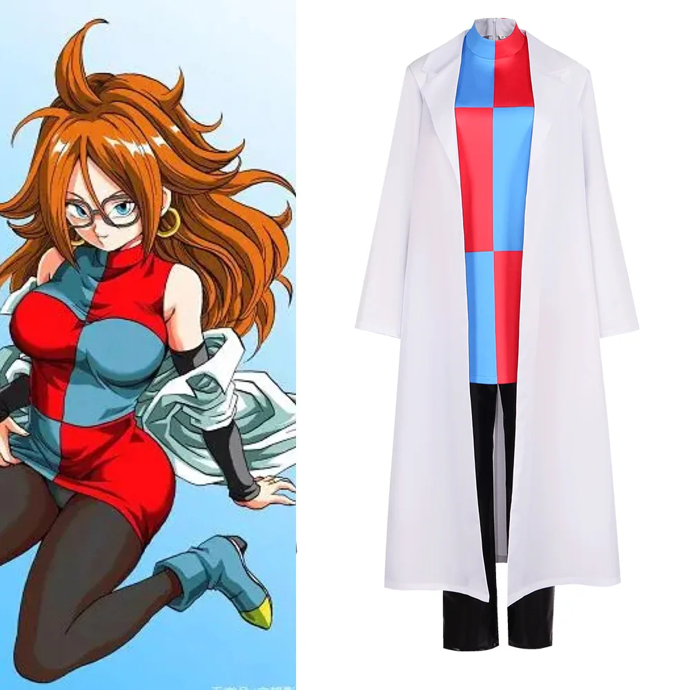 DRAGON BALL Android 21 Anime Cosplay Costume Coat Undershirt Pants Sleeves Glasses Earrings Ring Uniform Set Halloween Clothing