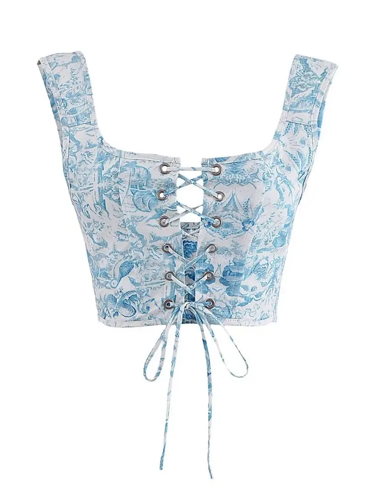 Retro French Blue White Flower Print Crop Top Women Summer Corset Tanks Sexy Cross Lacing up Bandage Fishbone Slim Camisole