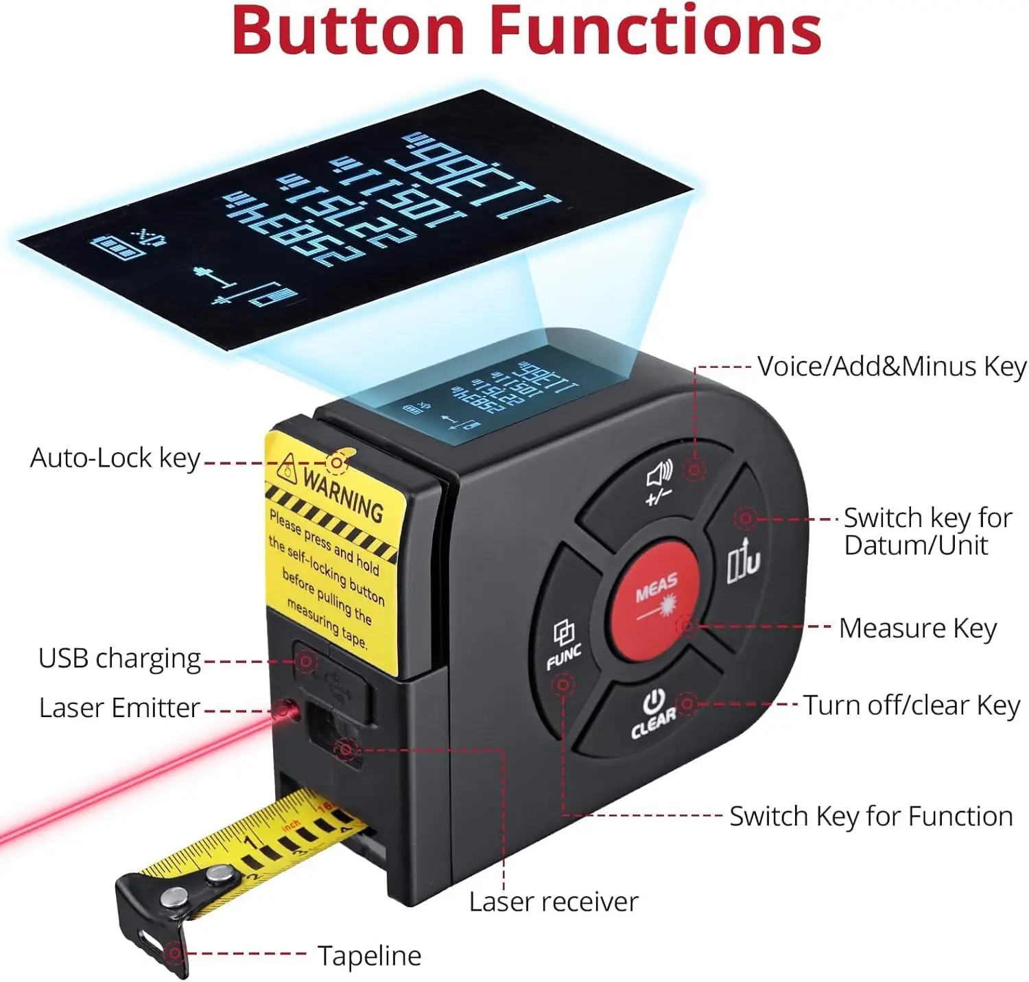 BINTA 2-in-1-Laserbandmaß, 164 Fuß/50 m, Laser-Messwerkzeug, 16,5 Fuß/5 m Maßband mit LCD-Digitalanzeige