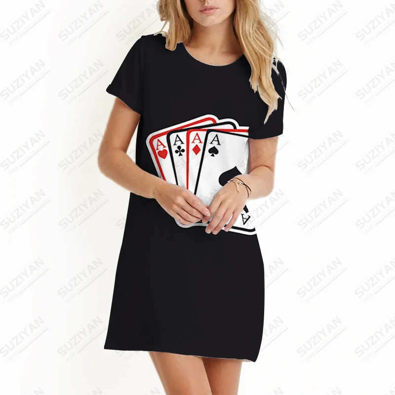 2023 new summer women's clothing poker elements 3d printing dress loose casual dress holiday wind ladies dress