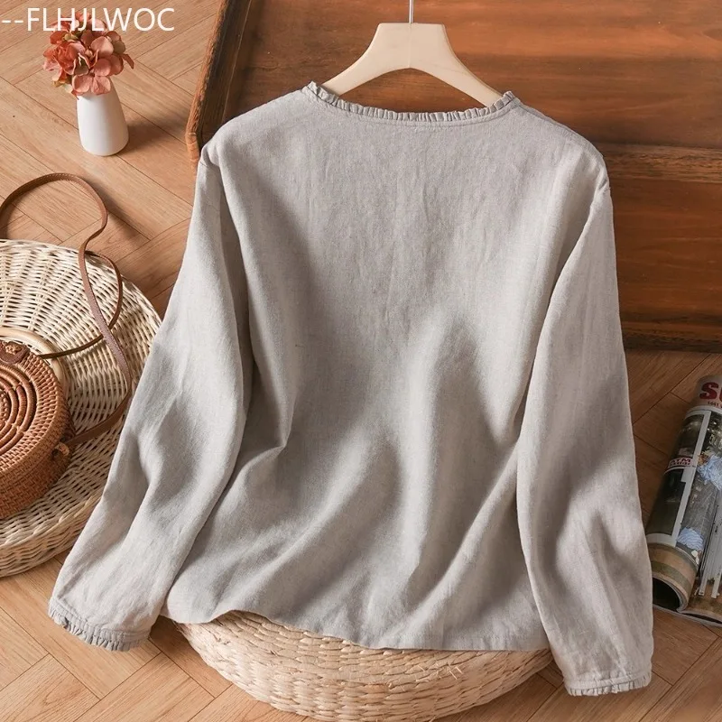 Katoen Linnen Tops Blouses Leuke lieve meisjes Vrouw Lange mouw Japanse stijl Effen ruches Retro Vintage Basics Katoenen shirts