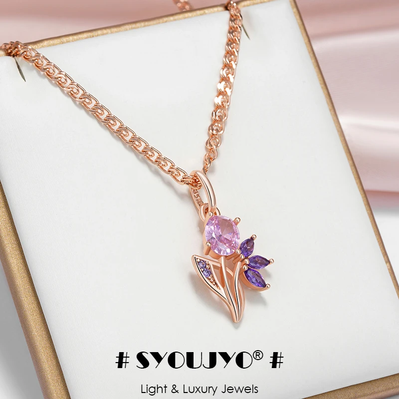 SYOUJYO Vintage 585er Roségold Farbe Mehrfarbiger Zirkon Blumen Anhänger Halskette Luxus Schmuck Geschenk für Frauen ​