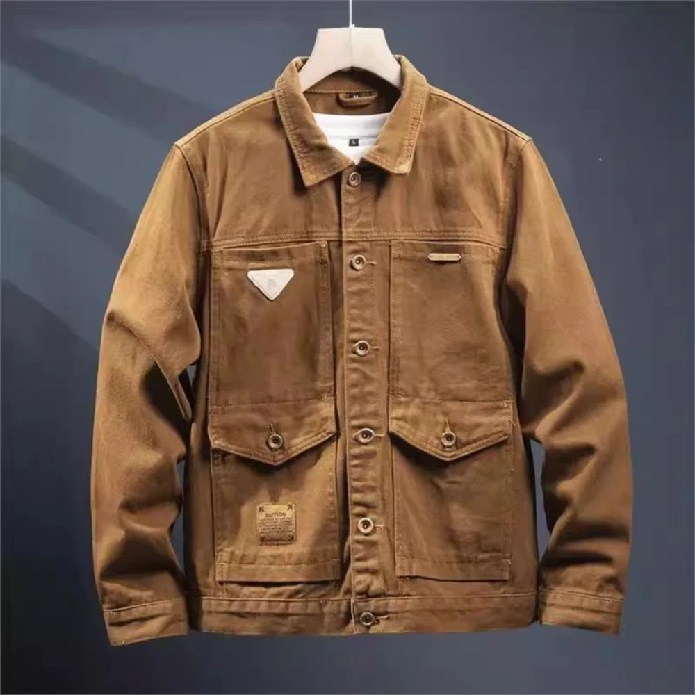 

Американская джинсовая куртка в стиле ретро, мужская весенне-осенняя рабочая одежда большого размера, пальто с несколькими карманами, куртка, винтажная повседневная джинсовая верхняя одежда
