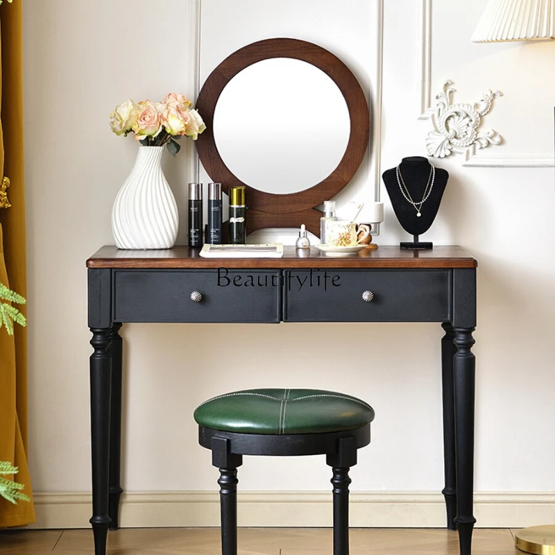 

-Retro solid wood dresser, antique makeup table with pumping storage, small apartment color matching dresser