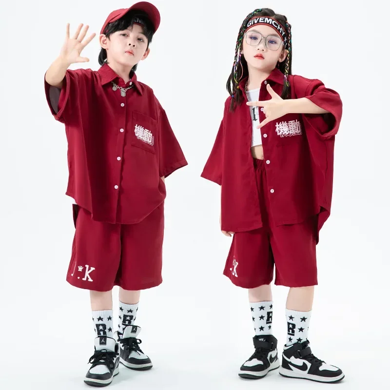 Wine Red Oversized Short Sleeve Shirt Top Wide Casual Summer Shorts Girl Boy Jazz Dance Costume Clothes Kid Hip Hop Clothing