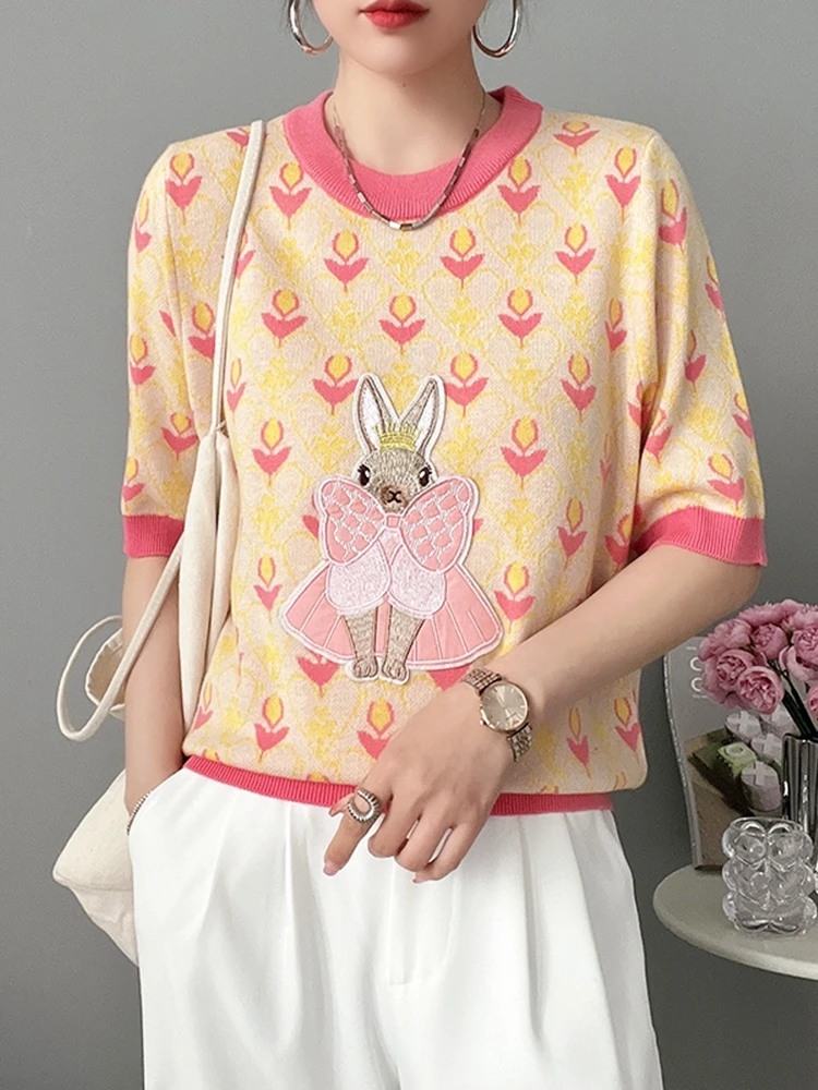 Women 2023 Spring Summer New Ice Thin Short-Sleeved Multicolour Sweater Tshirt Sweet Love Embroidered Rabbit Pullover Top Jumper