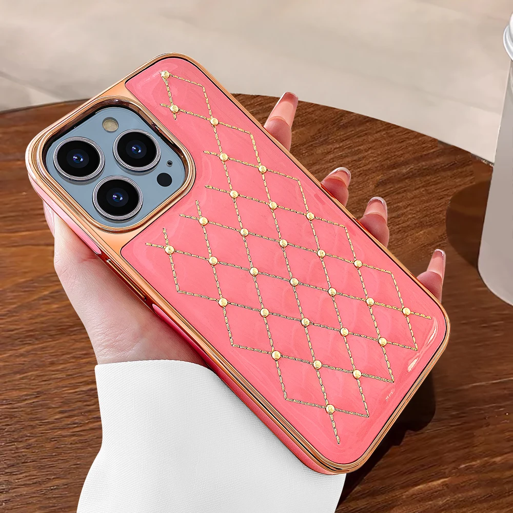 VIETAO-Glossy PU Leather Girls Cell Phone Cover for iPhone, 13, 12, 11, Pro, Max PlatingMobile Phone Case for Apple Golden Beads