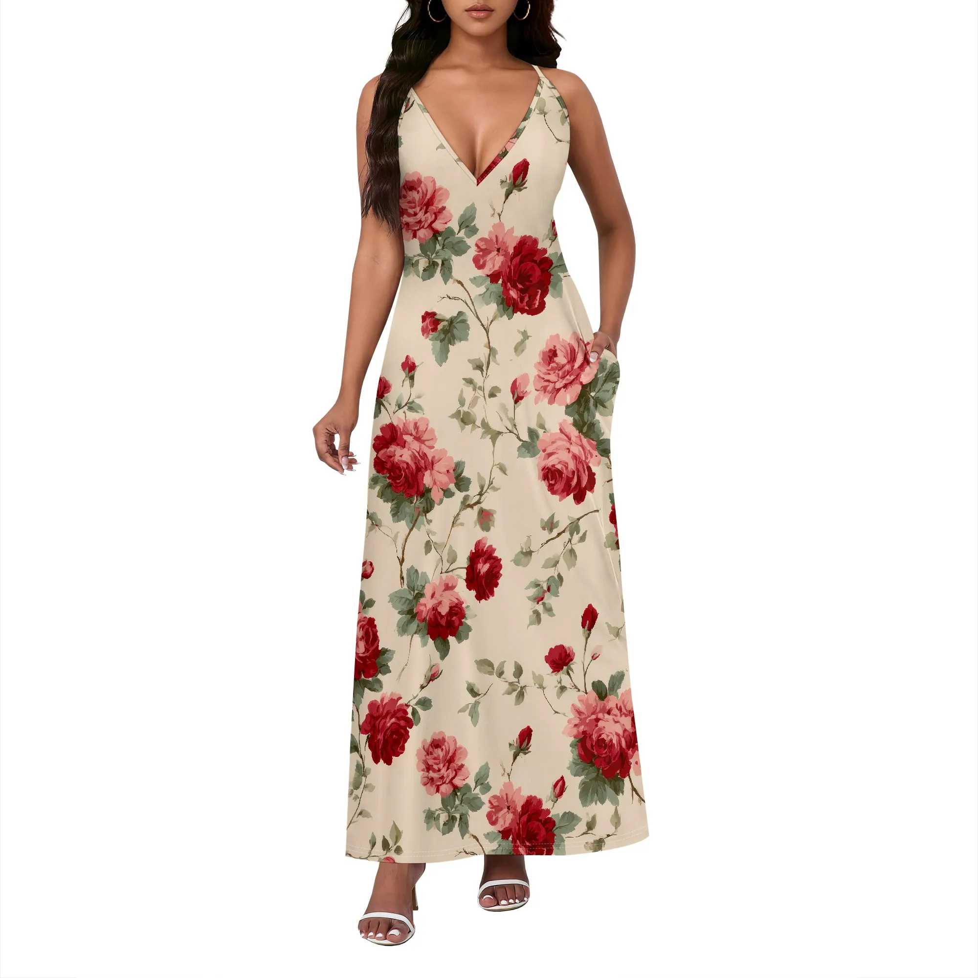 Retro สีชมพูกุหลาบสปาเก็ตตี้ชุดผู้หญิงฤดูร้อนสบายๆ V คอยาว Maxi Dress Sundress