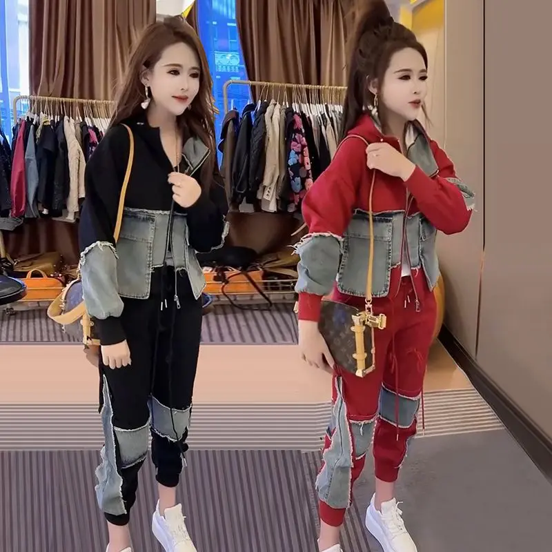 

Autumn High Street Two Piece Set Women Denim Patchwork Loose Hooded Jacket+High Waist Pencil Pants Fashion Personality Set