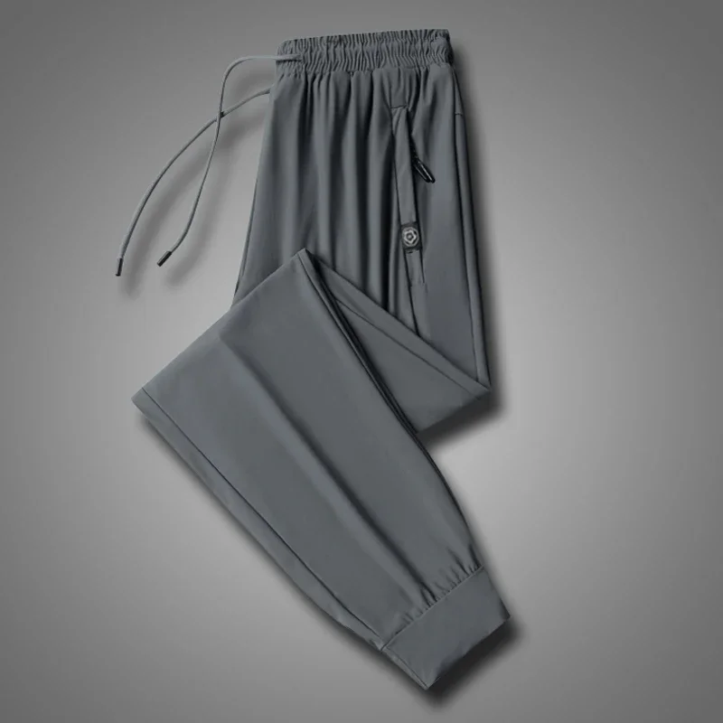 Spring Jogging Pants Men's Gym Quick-drying Breathable Ice Silk Pants Summer Loose Stretch Zipper Pocket Men's Sports Pants