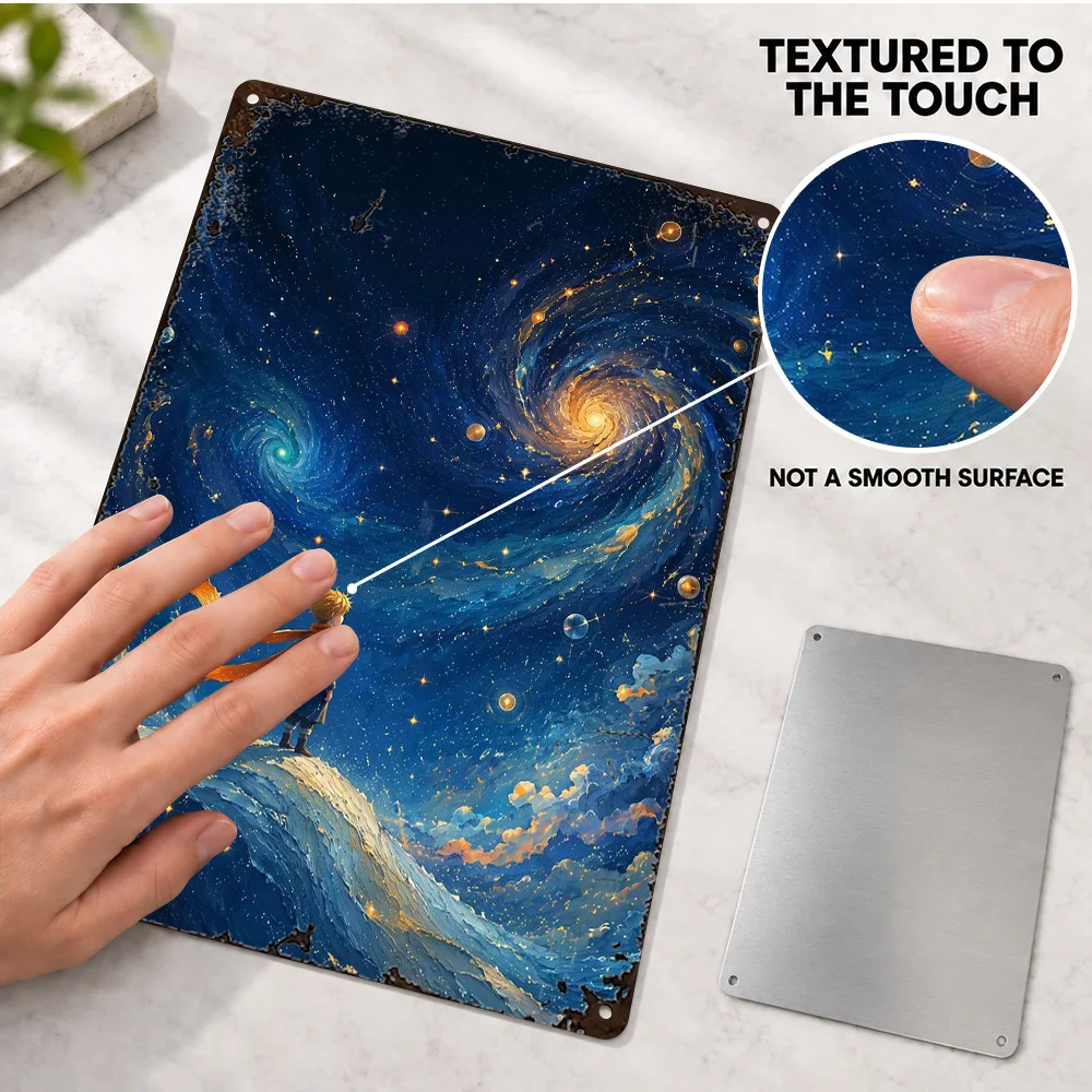 The Little Prince Stargazing Textured Metal Poster Personalized Aluminum Sign Van Gogh Inspired Painting Wall Art For Bedroom
