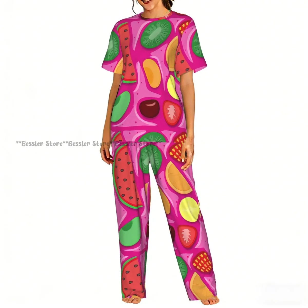 

Women Pajama Sets Lounge Sleepwear Fruit Strawberry Cherry Watermelon Short Sleeve Nightwear