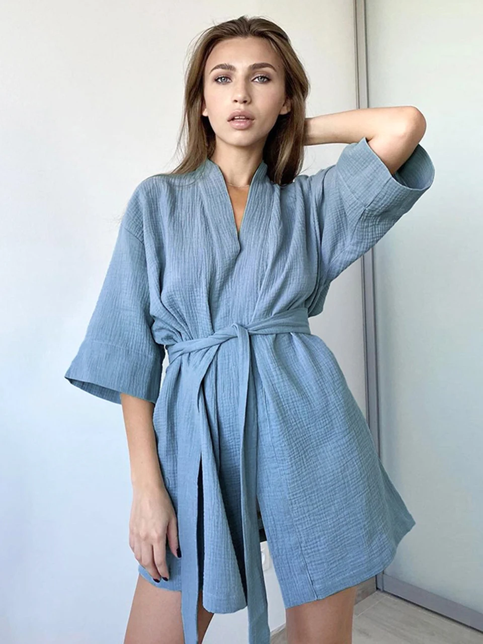 Crape Cotton Robe Women\'s Nightwear Mini Bathrobes Lace Up Sleepwear Muslin Women\'S Home Clothes Solid Color Robes Women Nightie